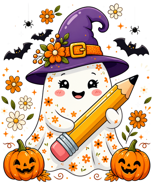 Cute Ghost w/Pencil - DTF Sheet Ready To Press